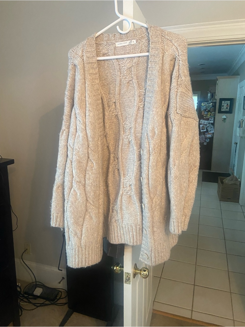 Altar'd State Neutral Cable Knit Open-Front Cardigan - Tan